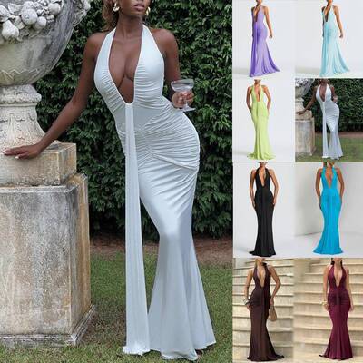 Women Backless Ruched Bodycon Dress Color Sleeveless Ladies
