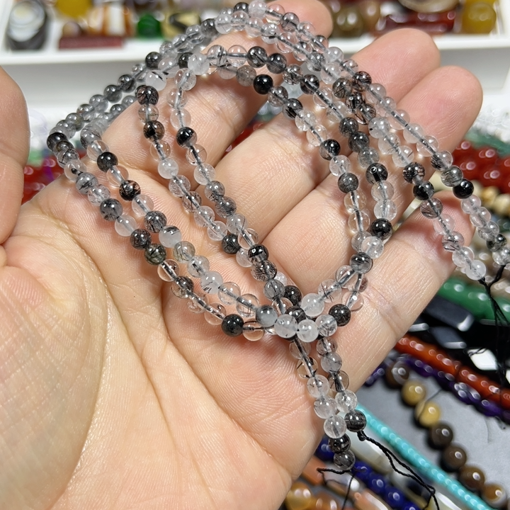 4mm天然黑发晶圆珠一条配珠散珠