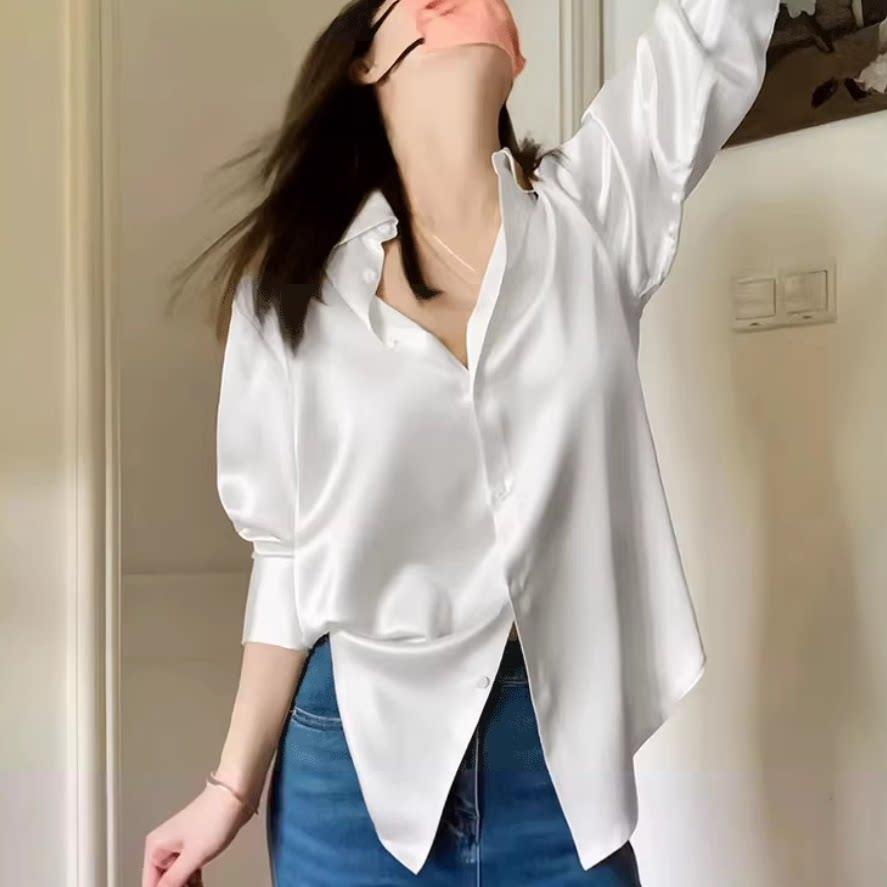 轻奢高端真丝长袖白色缎面衬衫女职业衬衣宽松高级感气质百搭上衣