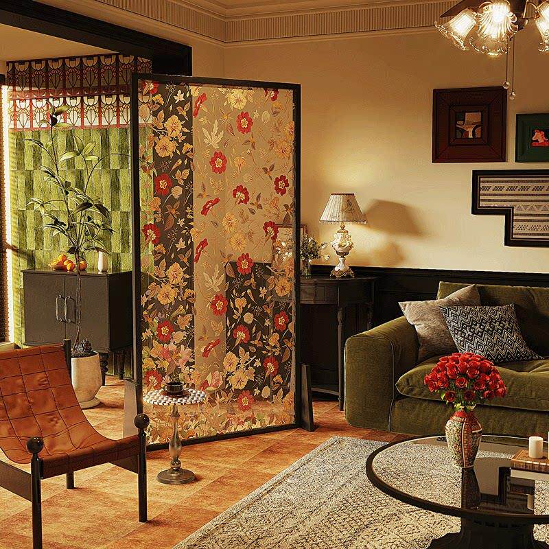 屏风隔断客厅入户正对门移动玻璃打印图案卧室高级感家用实木座屏