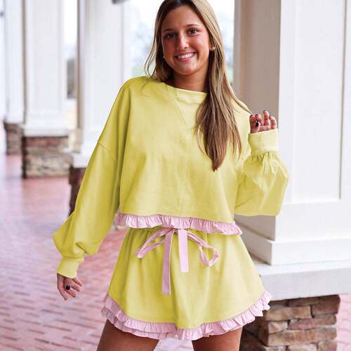 Women's 2 Piece Lounge Sets Ruffle Color Block Cropped