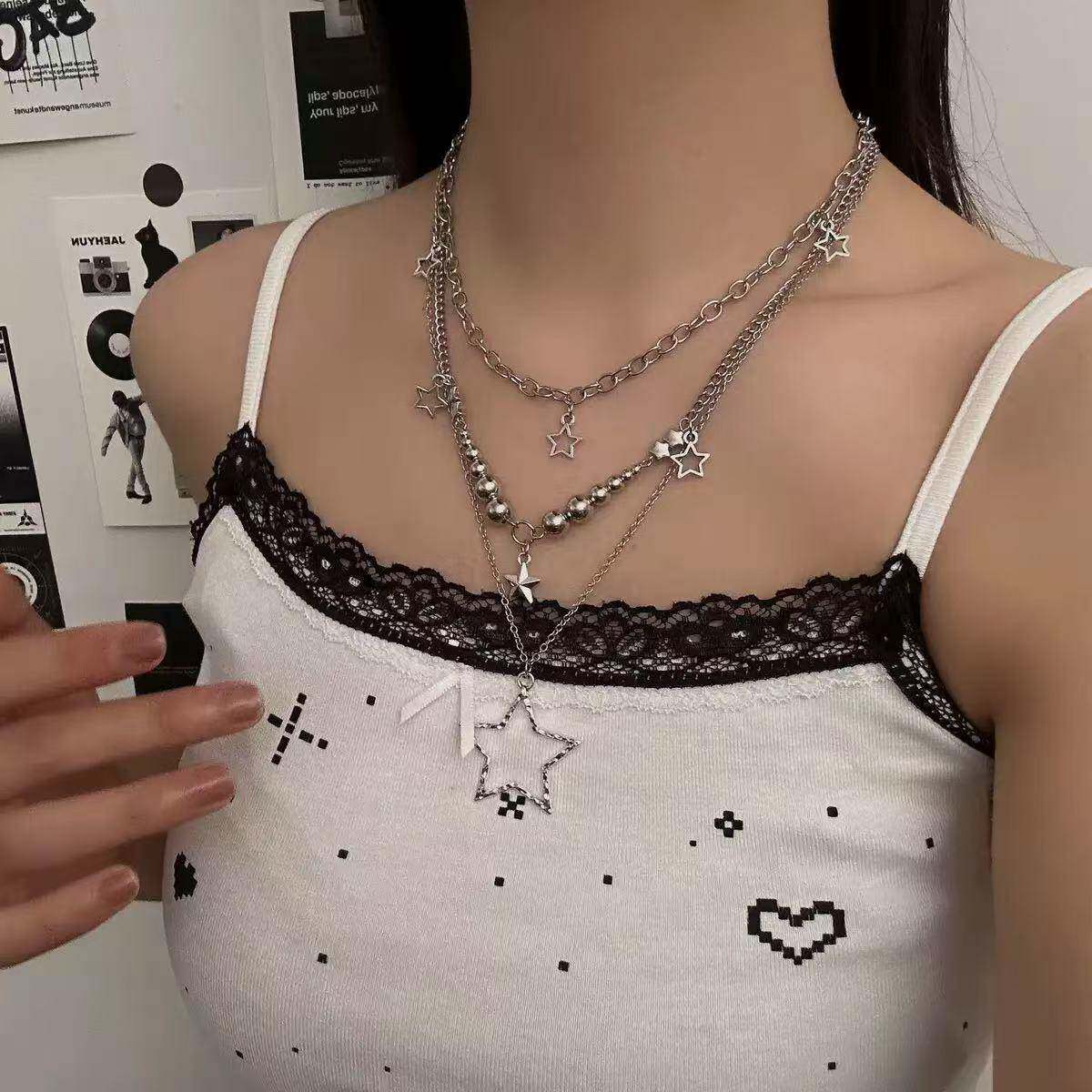 欧美跨境热销饰品 简约五角星流苏套装项链女 复古星星圆珠项饰