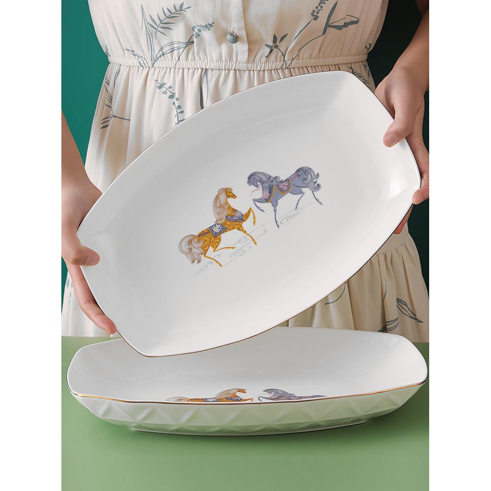 鱼盘家用蒸鱼盘子覆古中式长盘子中国风釉下彩陶瓷餐具青花大餐盘