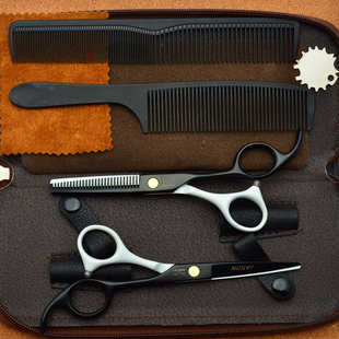 杰森Jason5.5寸黑白烤漆美发剪刀理发剪刀平剪牙剪组合套装J1023