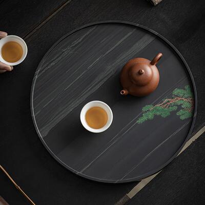 皇庭玉影雕手工石茶盘天然石材乌金石茶盘简约圆形干泡茶台茶托盘