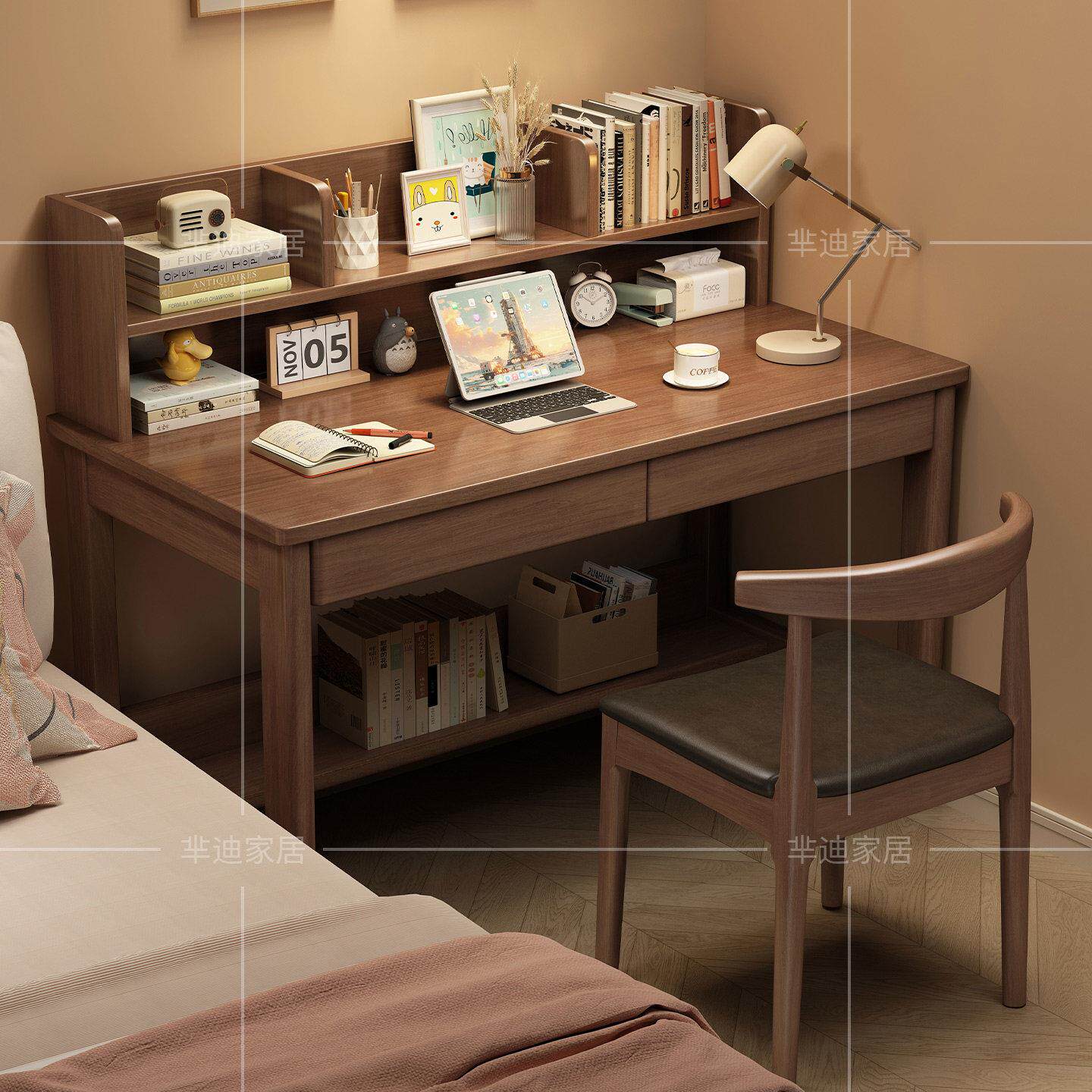 新款实木简易电脑桌书架抽屉一体办公桌不占地方小型学习专用桌子