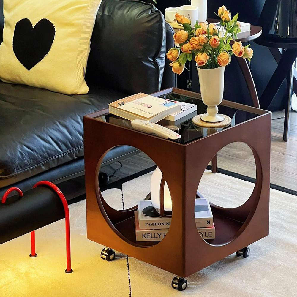 复中古风客厅可移动茶边几沙发推车床头柜实木藤编小桌置物架角几