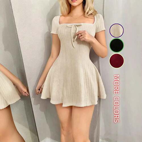 Women's Square Neck Bow Short Sleeve Mini Y2K Dress