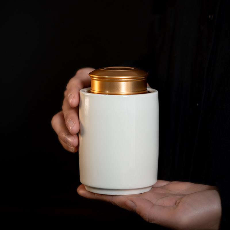 陶瓷密封绿茶叶罐龙井小号合金盖三件套花茶仓白瓷干果储存醒茶罐
