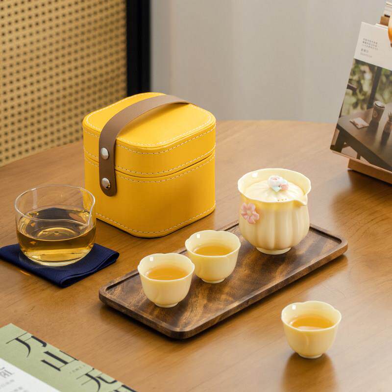 羊脂玉瓷旅行茶杯茶具陶瓷宝石黄快客杯便携式户外旅游功夫泡茶壶