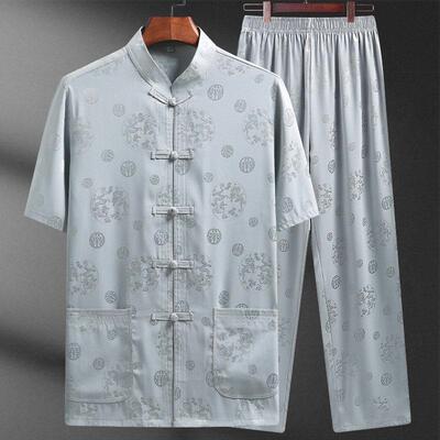 中国风唐装中老年男爷爷夏装短袖套装夏季薄款冰丝绸爸爸生日衣服