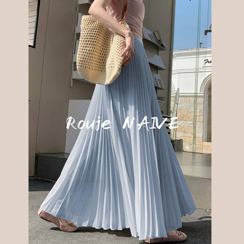 Rouje NAIVE度假风蓝色百褶半身裙女夏高腰垂坠感显瘦A字长裙