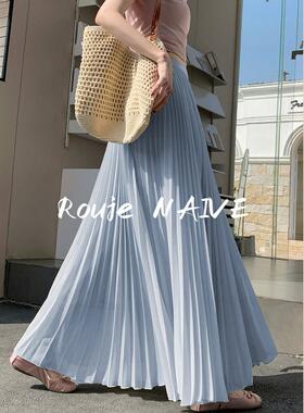 Rouje NAIVE度假风蓝色百褶半身裙女夏高腰垂坠感显瘦A字长裙
