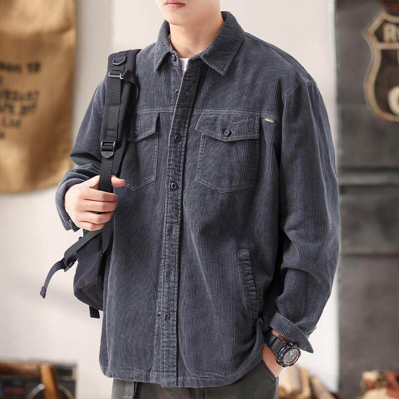灰色灯芯绒工装衬衫外套男2025春秋新款宽松休闲大码男士衬衣上衣