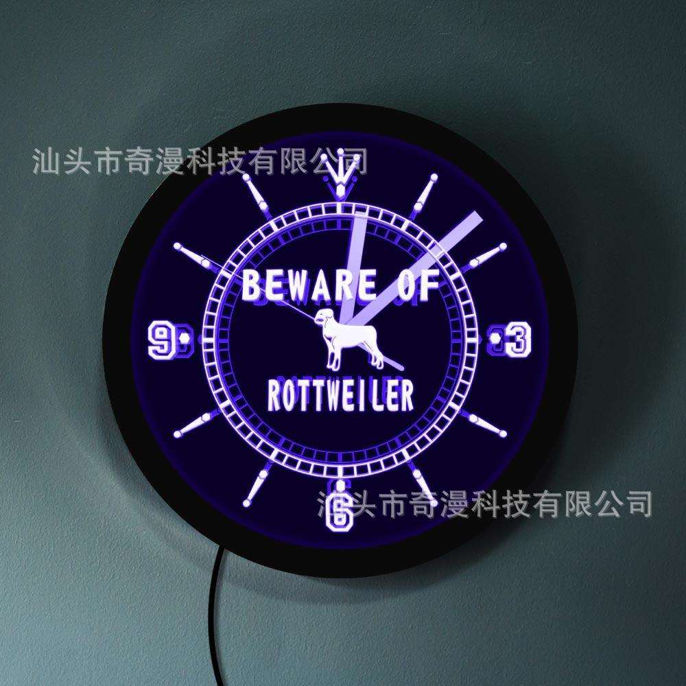 LED发光挂钟小心罗特维尔犬创意黑色墙钟装饰时钟壁钟跨境亚马逊