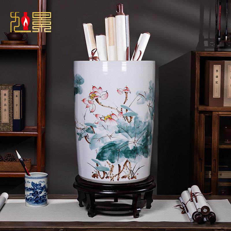 景德镇陶瓷书画 画缸卷轴缸荷花花瓶客厅插新中式收纳缸落地箭筒
