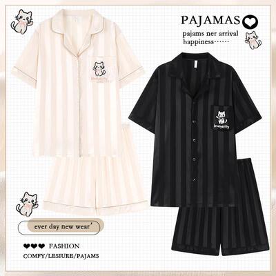 卡通条纹情侣睡衣女款夏季短袖薄款凉感可外穿男士家居服套装夏天