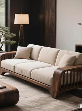 式新中实木沙发202简5新款现代约家用客沙厅直排胡桃木沙发布XLC