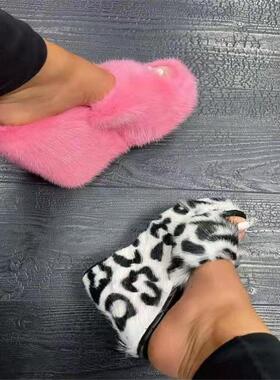 时尚坡跟毛毛拖鞋women wedge heels slippers ladies sandals 43