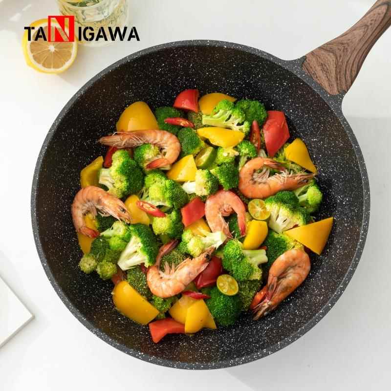 高档TANIGAA谷川麦饭石炒Wm锅不粘锅30c家用炒锅少烟燃气电磁炉通