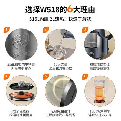 九阳K20FD-W518电热水壶2L内外双钢316L不锈钢大容量家用开水壶