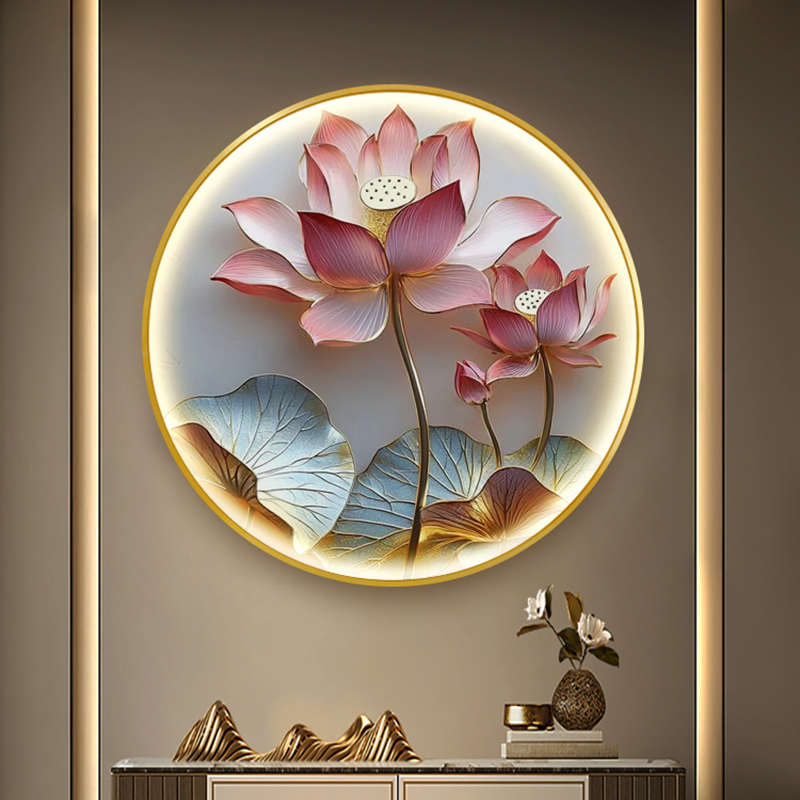 中国风荷花餐厅挂画新中式圆形玄关带灯装饰画客厅艺术LED灯壁画