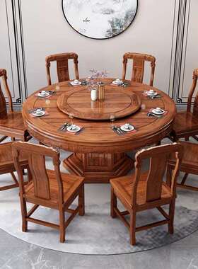 新中式乌金木仿古实桌木餐桌椅组合家用TC-905#圆形饭带转厅家盘