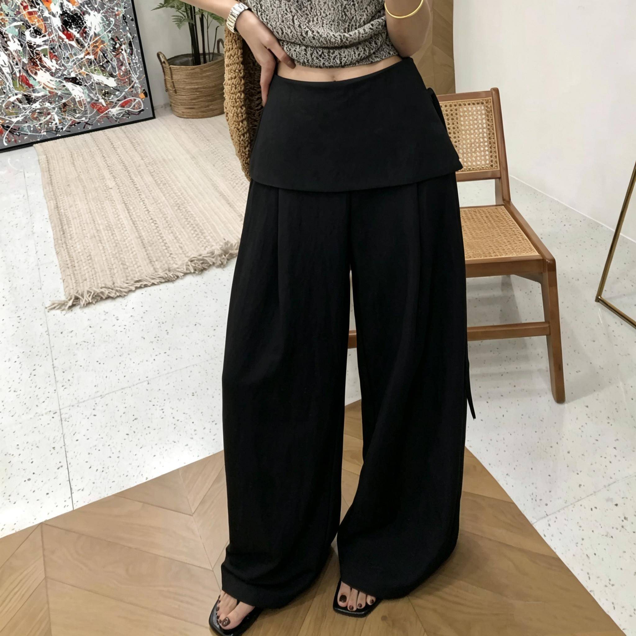 黑色屁帘阔腿裤女2026夏季新款抽绳设计感宽松直筒假两件休闲长裤