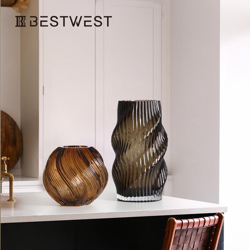 Bstwes粉色螺旋不规则SS24-007扭e曲水玻璃花瓶现代培家居装t饰品