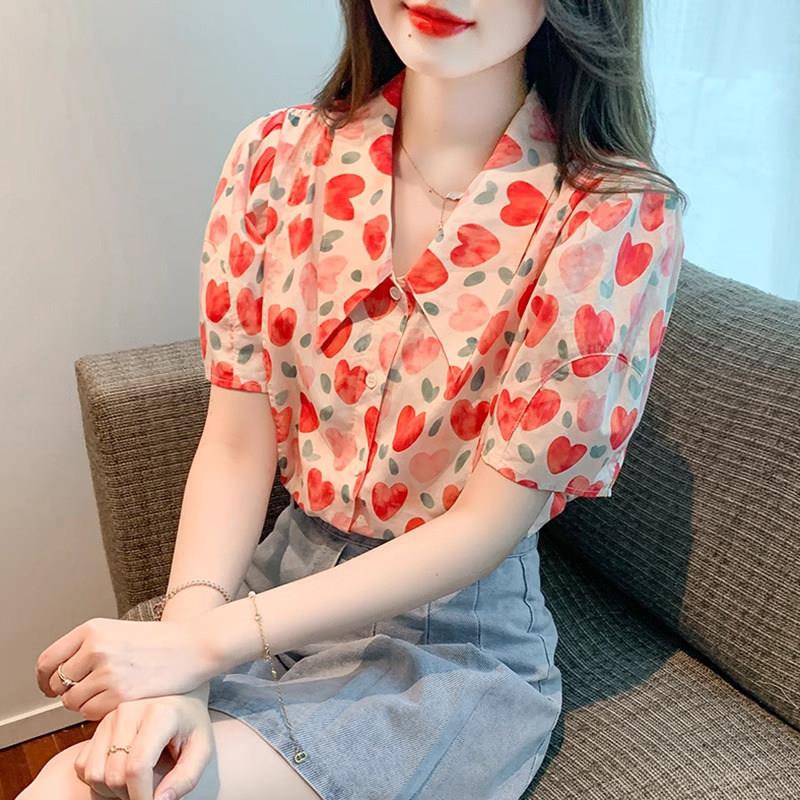 欧洲站碎花雪纺衬衫女短袖薄款2025年夏季新款时尚气质V领上衣潮