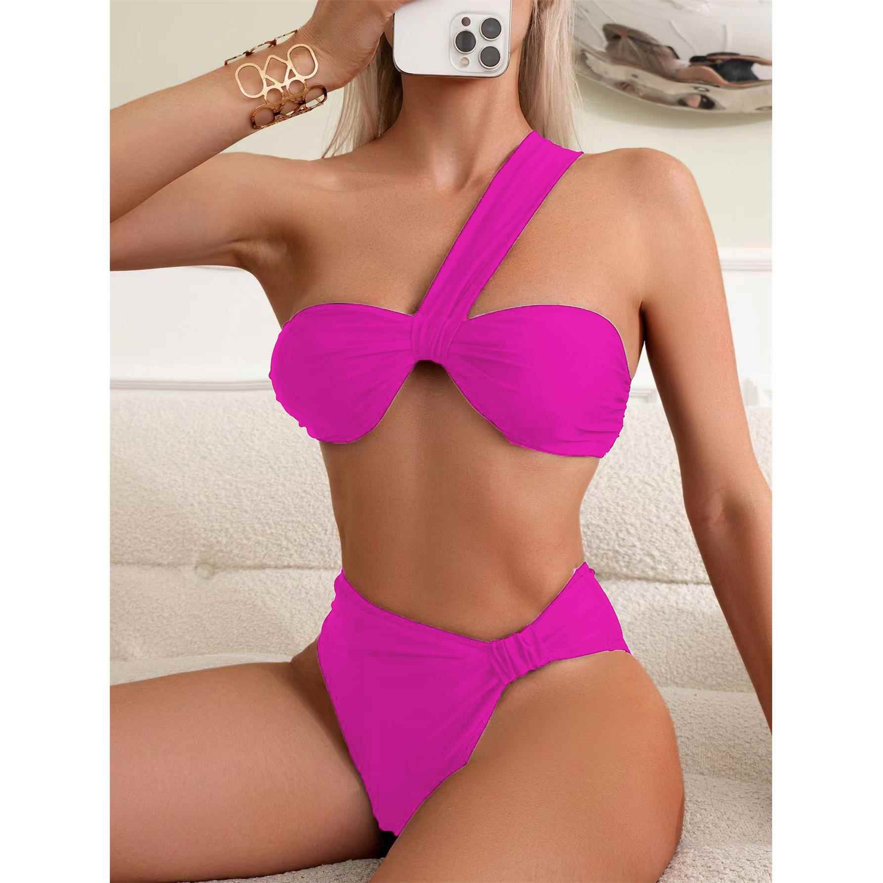 black color swimsuit one-shoulder top two-piece Solid