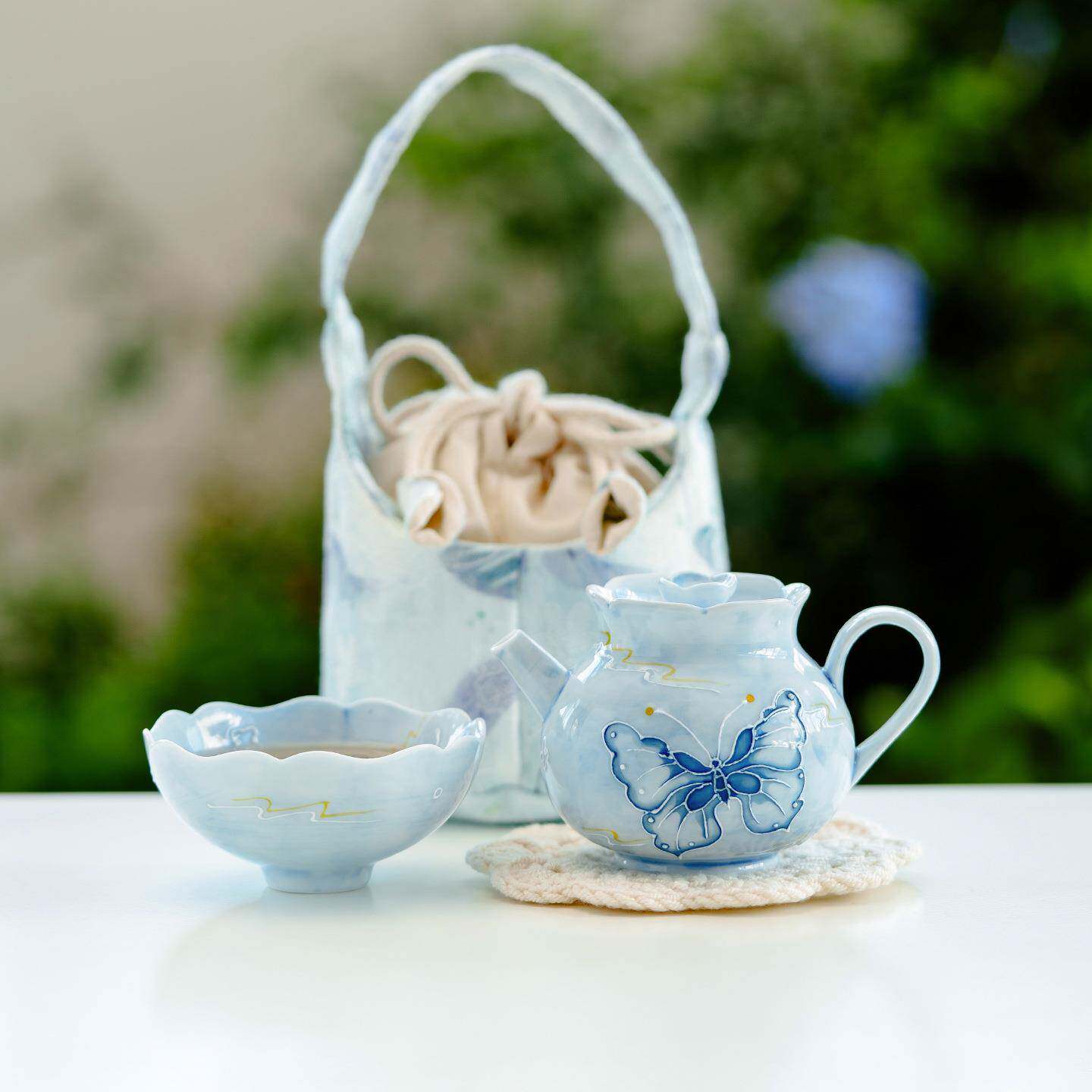 手工堆绘蝴蝶旅行茶具一人饮陶瓷户外便携式快客杯野营泡茶壶茶杯