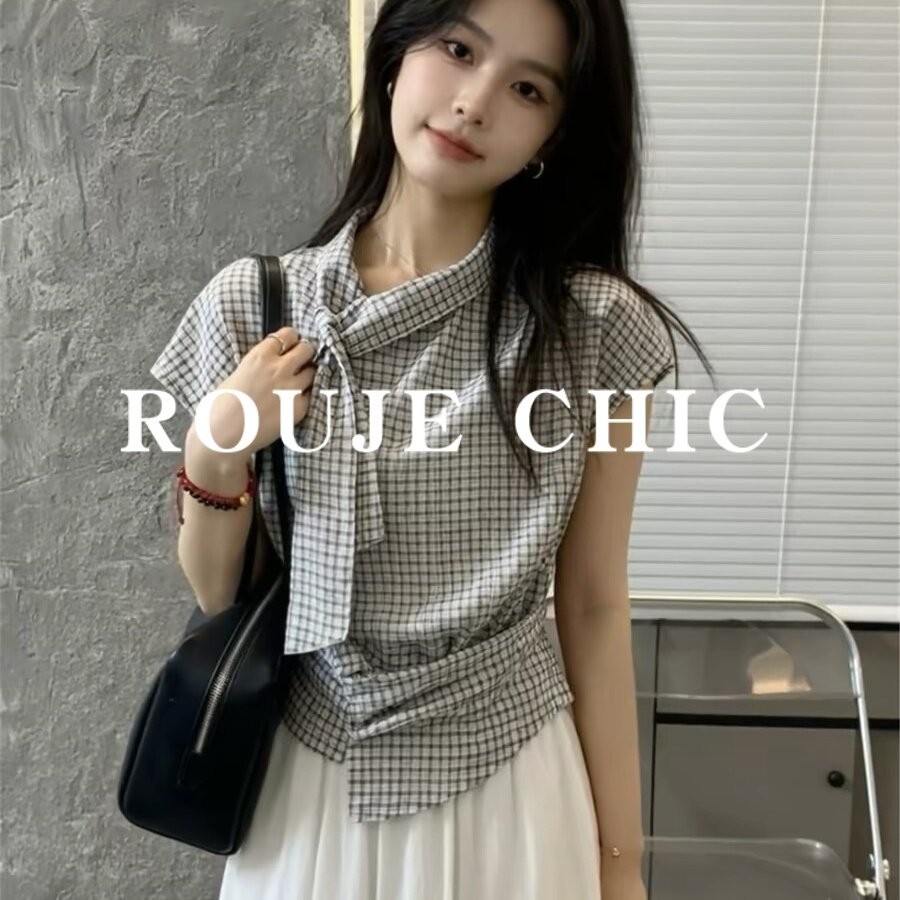 法国rouje chic法式简约格子系带掐腰短袖衬衫女夏季新款小众上衣