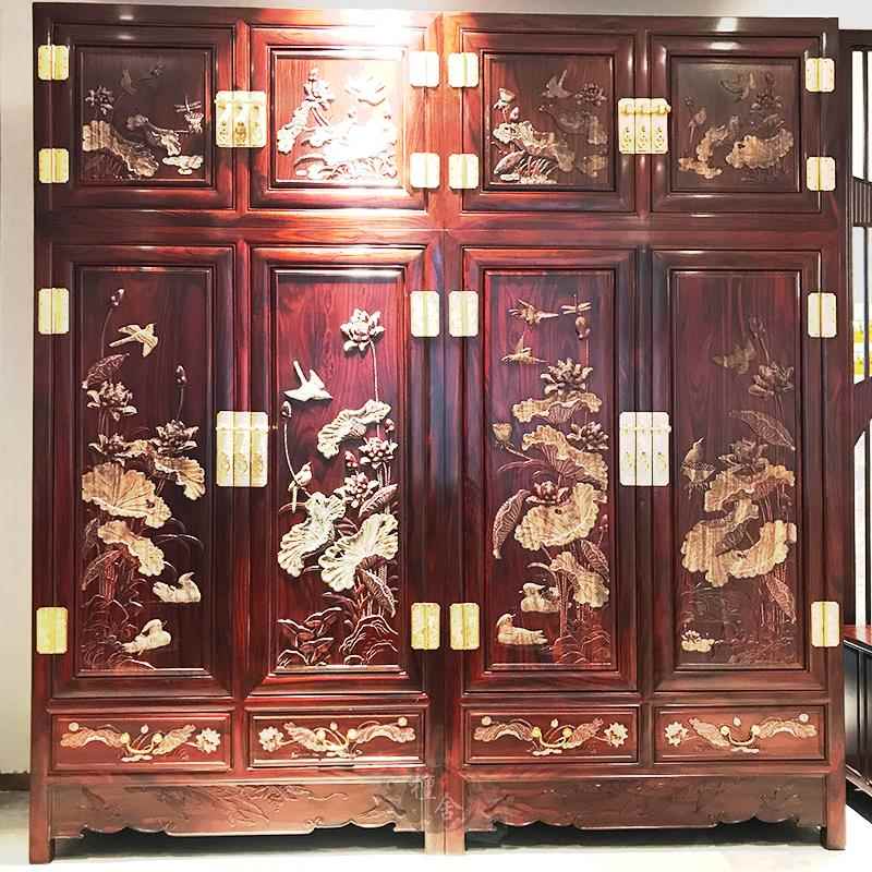 红木家具印尼黑酸枝荷花顶箱柜阔叶黄檀中式实木四门衣柜大衣橱