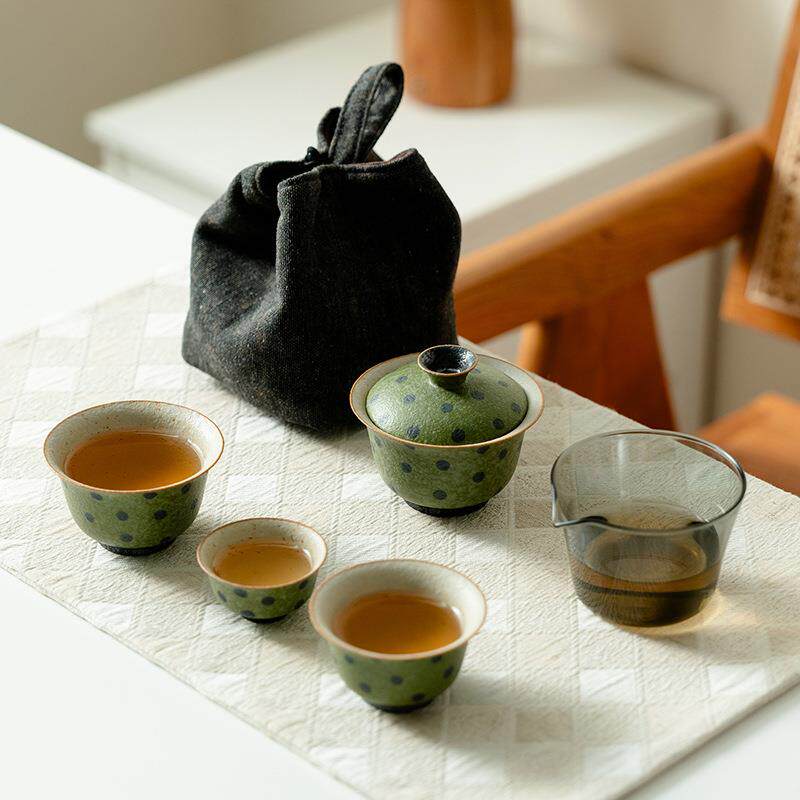 小清新青橘波点暮清盖碗茶杯旅行六件套户外便携式套装旅行茶具