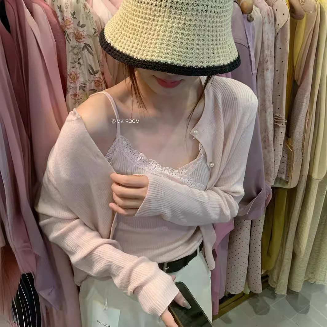针织开衫外套女2024春季新款气质修身显瘦蕾丝吊带背心两件套上衣