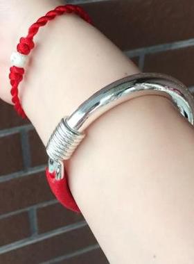 正品足999纯银手镯女实心银光面绕丝银人宝宝款足手工定制民族大