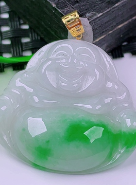天然真品翡翠正品 冰润冰阳绿阳色满色精细18k金扣佛公吊坠5.97g