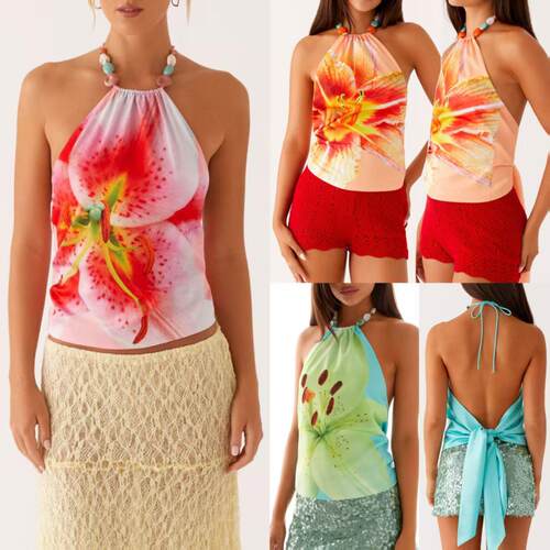 Off shoulder and backless floral print vest