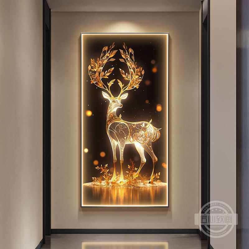 现代轻奢玄关装饰画高级感福鹿走廊尽头挂画客厅入户正对门壁画灯