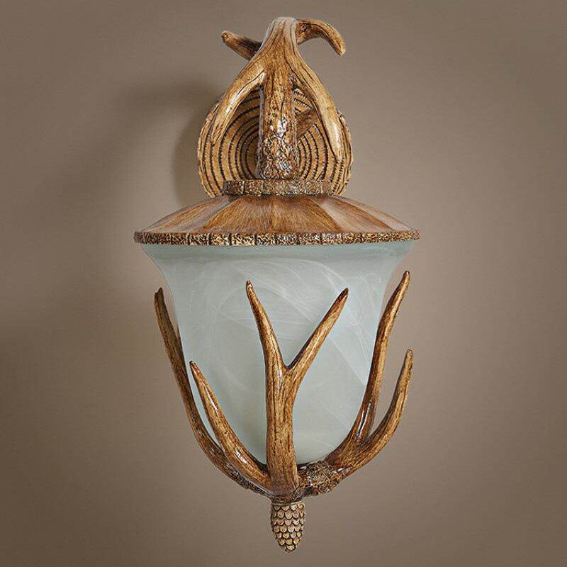 北欧鹿角壁灯树脂栗子灯田园乡村风门廊灯磨砂玻璃罩复古色鹿角灯
