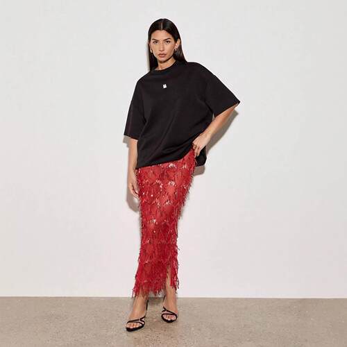 Fashion Sexy Sheer Mesh Fringe Sequin Midi Skirt High Waist