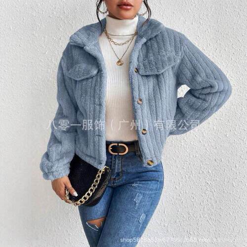 Womens Plush Coat with Front Button Closure Casual LooseFit