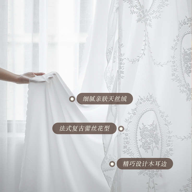 1VPR法式轻奢白色蕾丝公主风少女双层纱帘透光不透人卧室ins飘窗