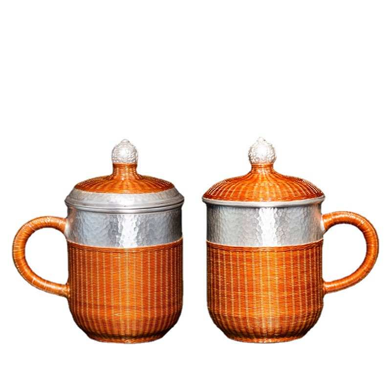 容山堂茗华银办公杯竹编水杯带盖泡茶杯银制主人杯节日礼品