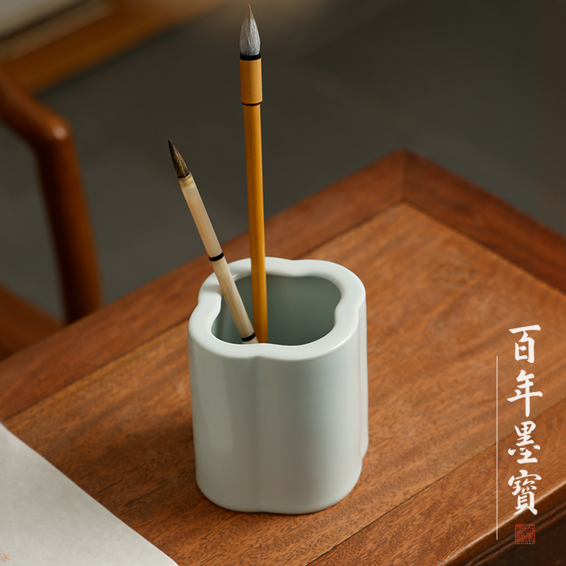 汝窑祥云笔筒 文房四宝书法练字多功能书法陶瓷器批发毛笔收纳筒