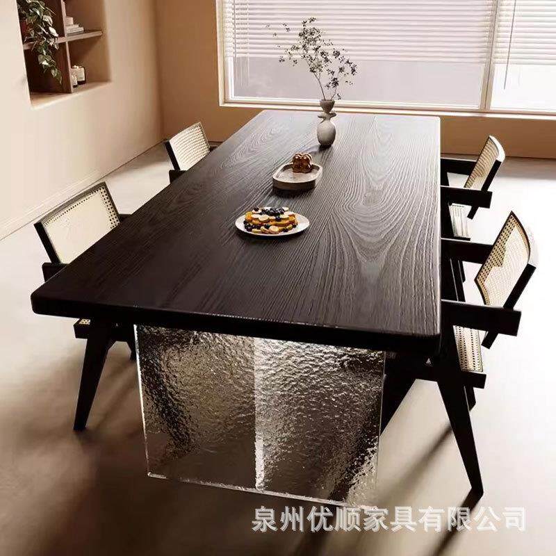 现代简约白蜡木水波纹亚克力餐桌小户型长方形实木餐桌家用饭桌