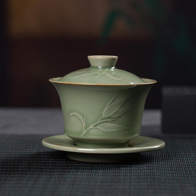 龙泉青瓷功夫茶具盖碗三才家用大号泡茶碗陶瓷越窑带盖子茶道敬茶