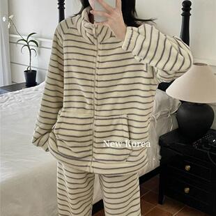情侣珊瑚绒家居服套装女秋冬可出门加厚拉炼睡衣两件套羊羔毛卫衣