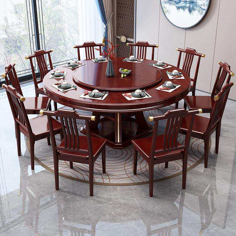 实木餐桌新中式餐桌椅组合带转盘酒店餐厅10人大圆桌火锅桌圆餐桌